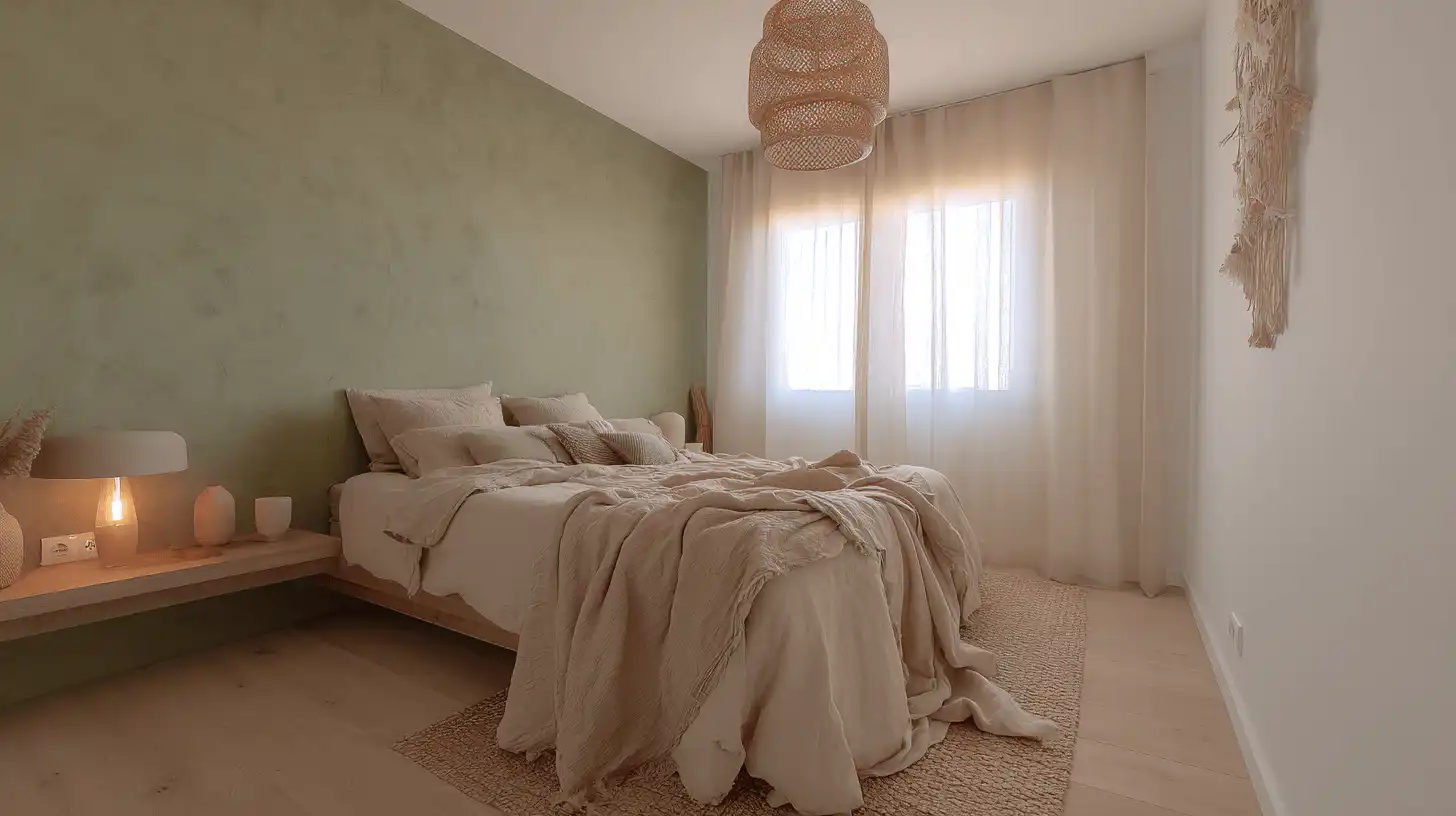 Dormitorio con pared de microcemento verde salvia y textiles de lino en Sabadell