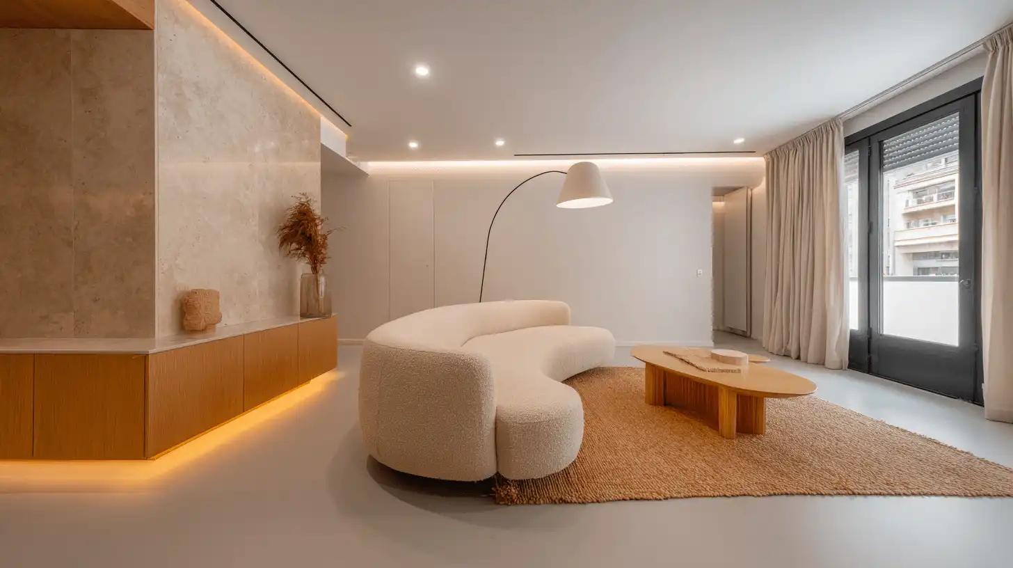 Salón de diseño con sofá curvo, microcemento y pared de travertino en Sabadell