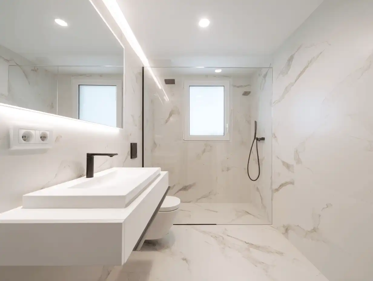 Reforma de baño en mármol blanco con ducha enrasada en Sabadell
