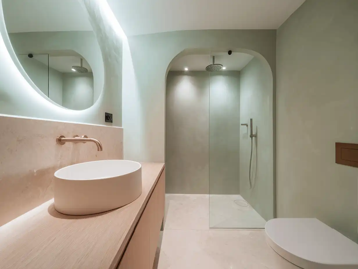 Reforma de baño en verde salvia con ducha de obra y grifería dorada en Sabadell