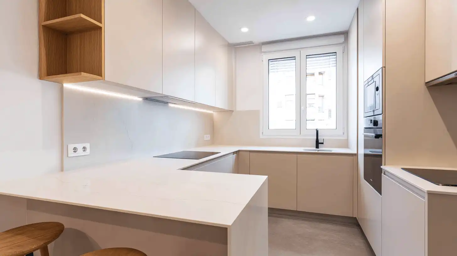 Reforma de cocina blanca con península y barra de desayuno en Sabadell