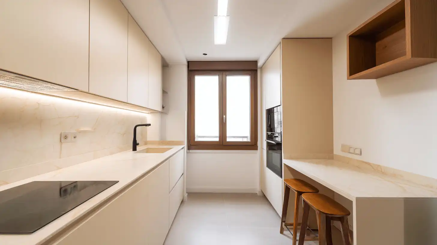 Reforma de cocina office lineal con barra de desayuno en Sabadell
