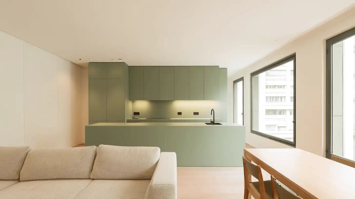 Reforma integral con cocina verde abierta al salón comedor en Sabadell