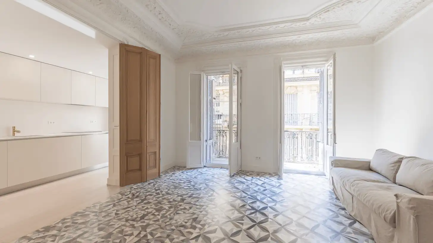 Salón de un piso modernista reformado con suelo hidráulico en Sabadell